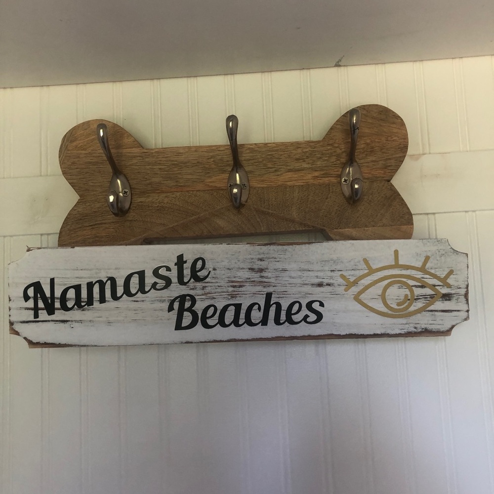“Namaste Beaches” Evil Eye whitewash wood sign